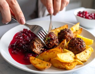 Close-up of a plated meal with cutlet, potatoes, and red sauce. A person is using a fork and knife to slice the food