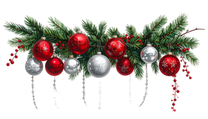 Festive evergreen garland with hanging ornaments, berries and intricate details
