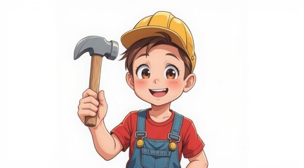 Cartoon construction worker in a yellow hard hat and overalls, holding a hammer and saw in his hand, on a white background. For repair and construction, logos and advertising banners on the topic of c