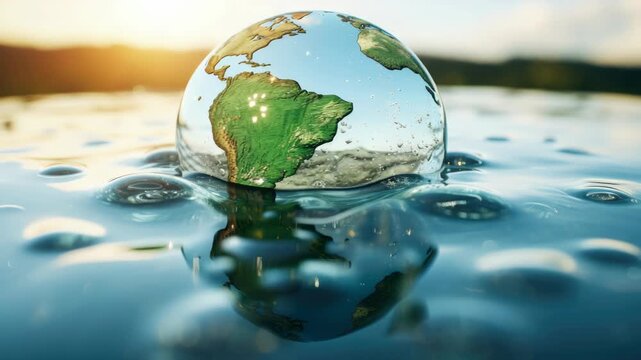A droplet of water encases the entire world, symbolizing our planet's oceanic heritage and fragility.