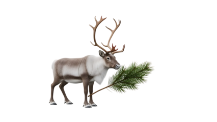 Reindeer holding a green pine branch with white tips caribou animal