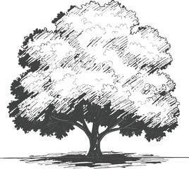 Fototapeta premium Black and White Hand Drawn Tree Vector Sketch Engraving Style Mature Shady Deciduous Plant Graphic Resource