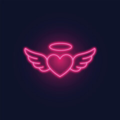 Neon pink glowing heart with angel wings and halo icon on dark background