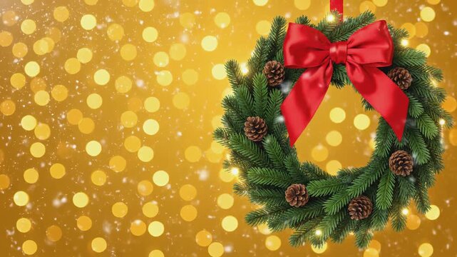 Festive Christmas wreath adorned with pinecones and a bright red bow, captured in a series of frames showcasing shimmering golden bokeh background