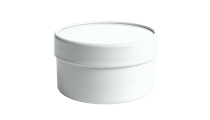 A cylindrical, white container is centered against a stark black background. It features a lid and a slightly protruding band