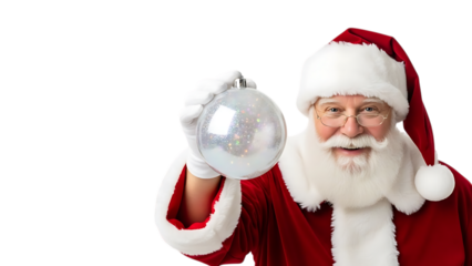 Santa Claus holding a sparkling Christmas ornament against black holiday festive