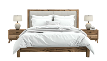 Luxurious bedroom view, with a wooden bed, white linens, and bedside lamps