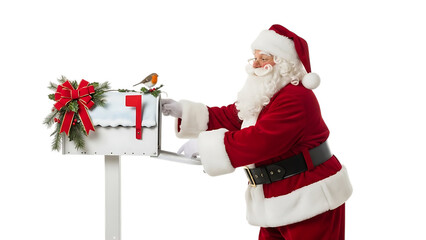Santa Claus with decorated mailbox and robin on black background Christmas red bow