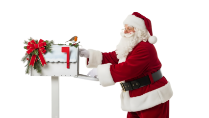 Santa Claus with decorated mailbox and robin on black background Christmas red bow