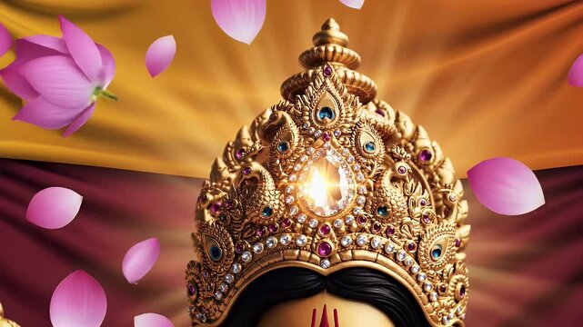 Goddess Durga with detailed ornamented crown glowing softly for Hindu devotion