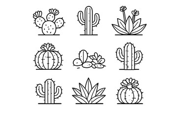 Collection of nine minimalist white cactus icons on a dark gray background