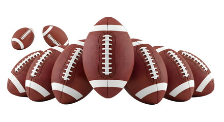Multiple american footballs in a dynamic arrangement showcasing sport and competition isolated on transparent background
