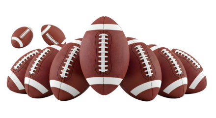 Multiple american footballs in a dynamic arrangement showcasing sport and competition isolated on transparent background