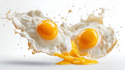 Fried eggs with splashing yolk flying on white background