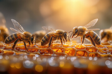Honeybees collecting and refining honey on a pristine honeycomb with soft backlighting