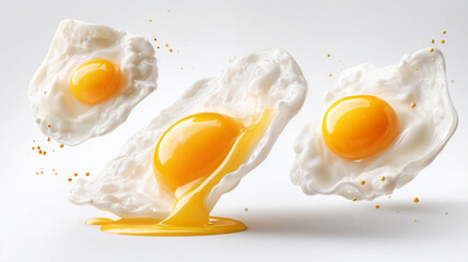 Flying fried eggs with splashing yolk on white