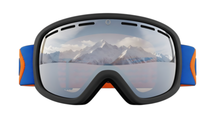 Ski goggles with reflection of snow covered mountains and sky image