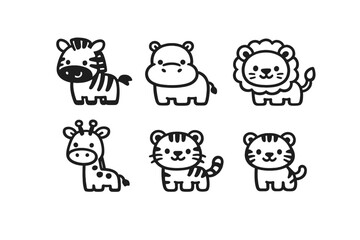 Fototapeta premium Cute Safari Animals Outline Icon Set