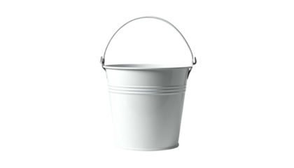 A simple, isolated metal bucket with a curved handle, presented against a stark, black background. The white paint is clean