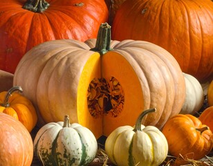 Close-up of a halved, large, light-orange pumpkin with seeds. Other colorful pumpkins and gourds fill the background