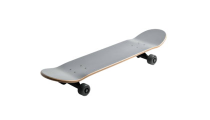 A sleek, gray skateboard rests diagonally against a black background. The wooden deck features dark wheels