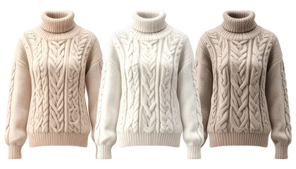 Three knit turtleneck sweaters in neutral tones, showcasing textured cable designs