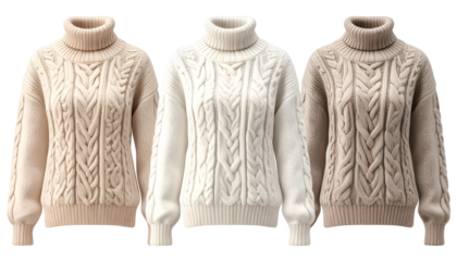 Three knit turtleneck sweaters in neutral tones, showcasing textured cable designs