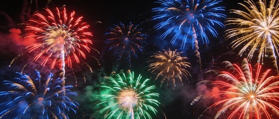 Fototapeta premium Vibrant multi-colored fireworks display lighting up the dark night sky with bursts of red blue green and gold for celebration background