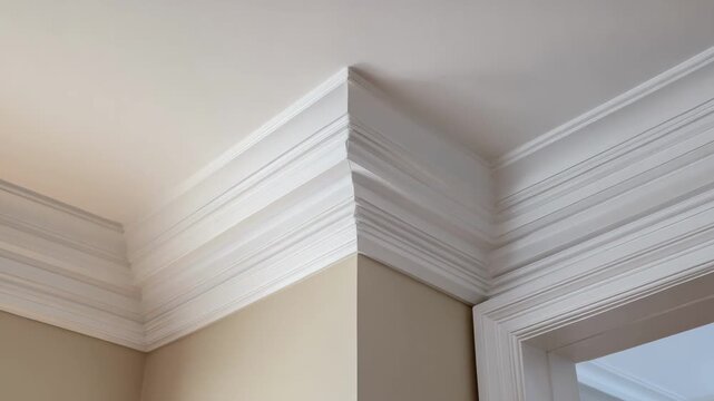 Closeup medium shot of sleek modern crown molding being aligned by a professional emphasizing clean lines and contemporary ceiling aesthetics.
