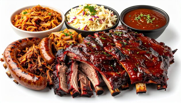 Barbecue platter with ribs sausage and pulled pork meat