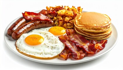 American breakfast with pancakes eggs bacon and sausages