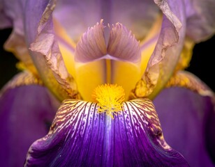 Close-up of a vibrant purple and yellow flower's intricate details, revealing its petals and central structure