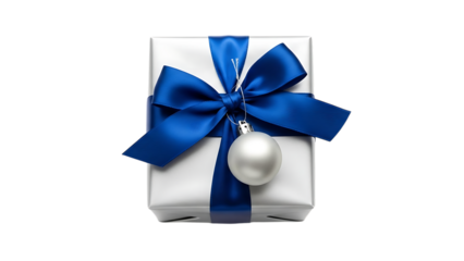 White gift box with blue ribbon and silver ornament on black Christmas ornament