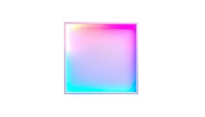 A square with a vibrant, glowing gradient of pink, blue, and purple set against a deep black background. The edges have a white outline