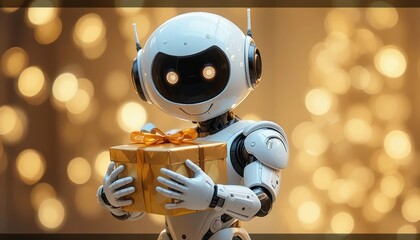 Robot holding a gift on Valentine's Day celebration at home Generative AI