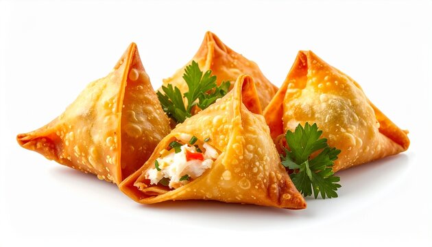 Cut fried samosa pastry showing vegetable filling inside