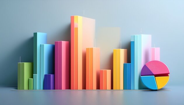 colorful chart mockup with business data featuring vibrant bar graphs and pie charts on a clean minimalist background ideal for presenting financial success and market trends - Powered by Adobe
