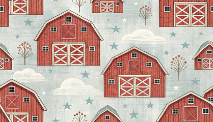 Watercolor seamless pattern with red barns, white clouds, and blue stars on a light background