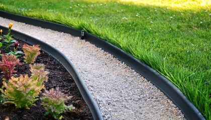 flexible lawn edging with rounded top bead in black nestled between vibrant green grass and colorful garden plants highlighting a curving path