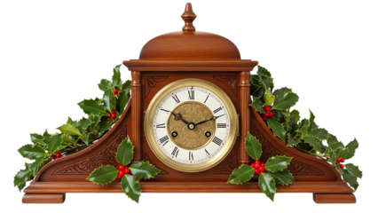 Wooden mantel clock with holly and berries on black background wooden clock antique clock