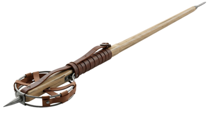 Wooden spear with metal tip and leather straps on black weapon ancient