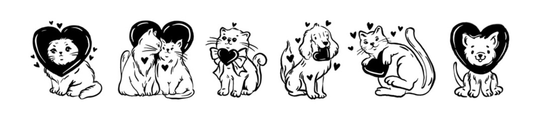 Cute cat dog doodle illustration, love pet hand drawn line print set Valentine day cartoon character. Kitten with heart sweet funny animal sticker, February 14 holiday design. Love pet cartoon graphic