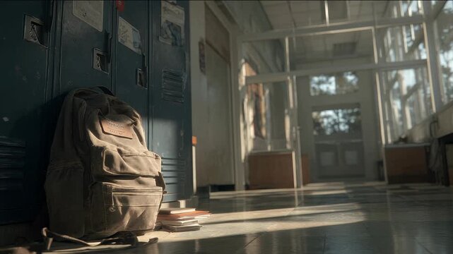 Resting Backpack Against School Lockers in Quiet Sunlit Hallway with Books Scattered on Floor