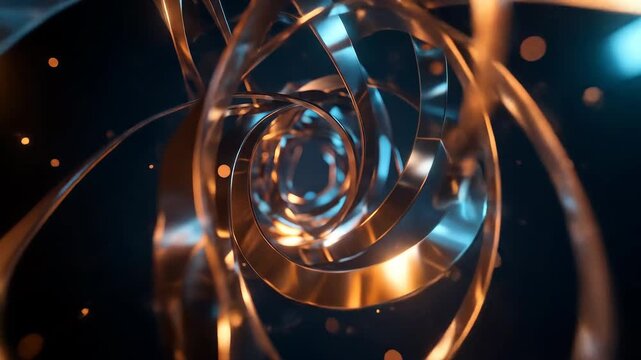 Abstract metallic ribbons swirl in a dynamic, futuristic vortex with glowing lights.
