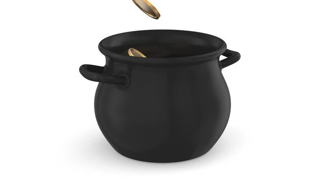 Iron black cauldron full shiny gold coin on white background. Isolated 3D illustration. St Patrick`s day