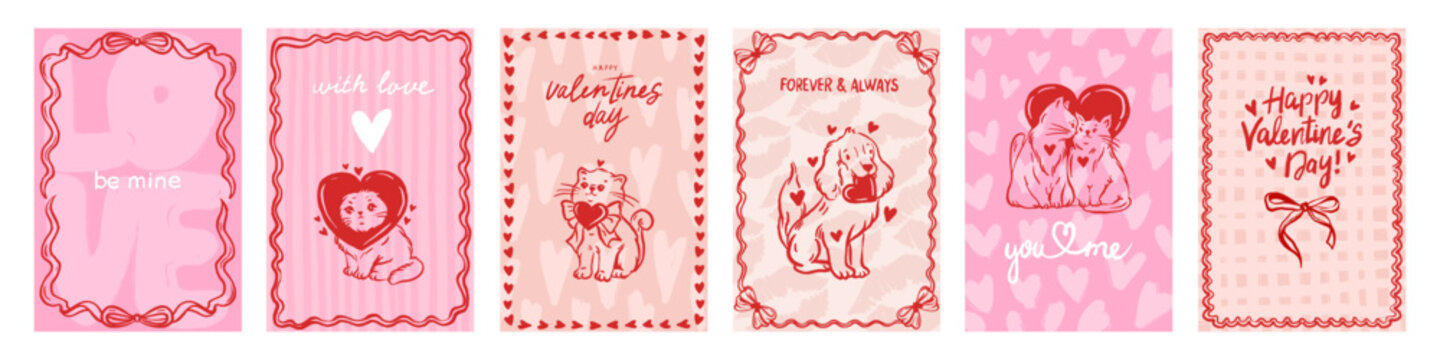 Valentine day doodle poster, hand drawn romantic love card set, cute cat dog character with heart. Pink holiday invitation design, handwritten lettering, whimsical frame. Amore Valentine poster print