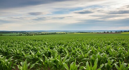 Vibrant Green Cornfield Under Cloudy Sky - Agricultural Landscape.