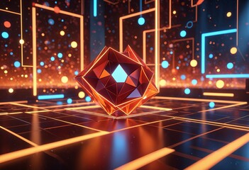 Abstract red geometric energy crystal with glowing neon lights and futuristic structure