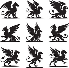 Obraz premium Nine mythical griffin silhouettes in various poses isolated