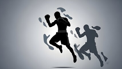 Powerful Silhouette of Boxer Punching with Abstract Splatter Patterns on Minimalist Background for Determination and Combat Sports Concept